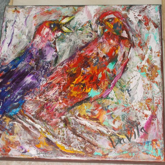 Original "Bird Talk" impressionistic oil painting by Texas Artist Davila 12"x12" - Picture 1 of 4